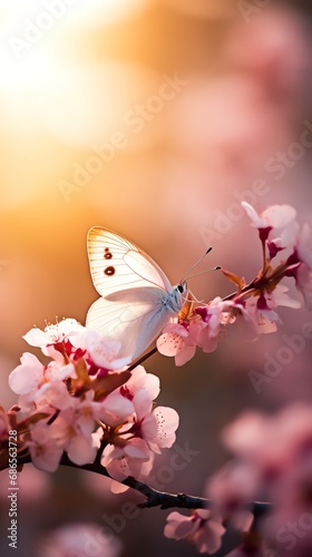 Beautiful pink butterfly sitting on the white blossom cherry tree. AI generated image © yekaterinalim