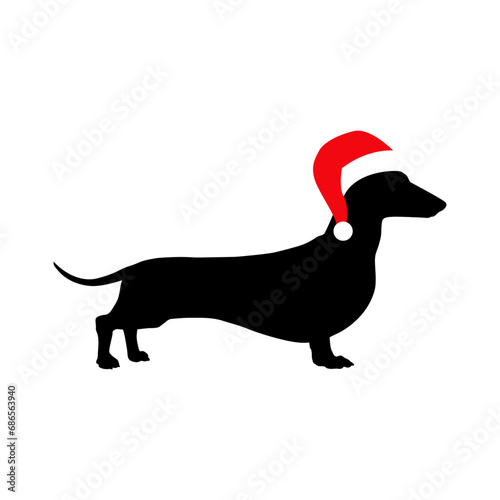 Tiempo de Navidad. Logo pet friendly. Silueta de perro Dachshund con sombrero de Santa Claus en espacio negativo para su uso en tarjetas y felicitaciones