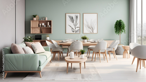 Stylish scandinavian living room with design mint sofa, furnitures, mock up poster map, plants and elegant personal accessories. Modern home decor. Open space with dining room. generative ai.