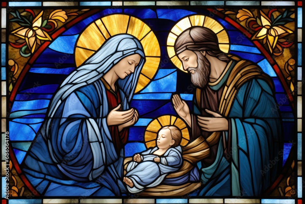 Obraz premium Stained Glass Style Nativity Scene Featuring Maria and Baby Jesus and Joseph