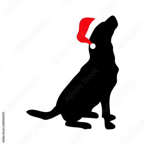 Tiempo de Navidad. Logo pet friendly. Silueta de perro sentado con sombrero de Santa Claus en espacio negativo para su uso en tarjetas y felicitaciones