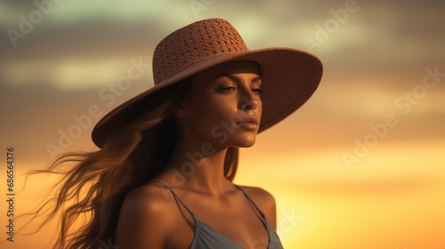 Portrait of a woman in a straw hat against the background of the sea or ocean. Landscape background.