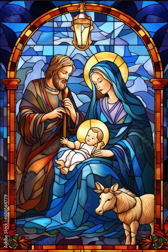 Nativity with Maria and Baby Jesus, stained Glass style Illustration