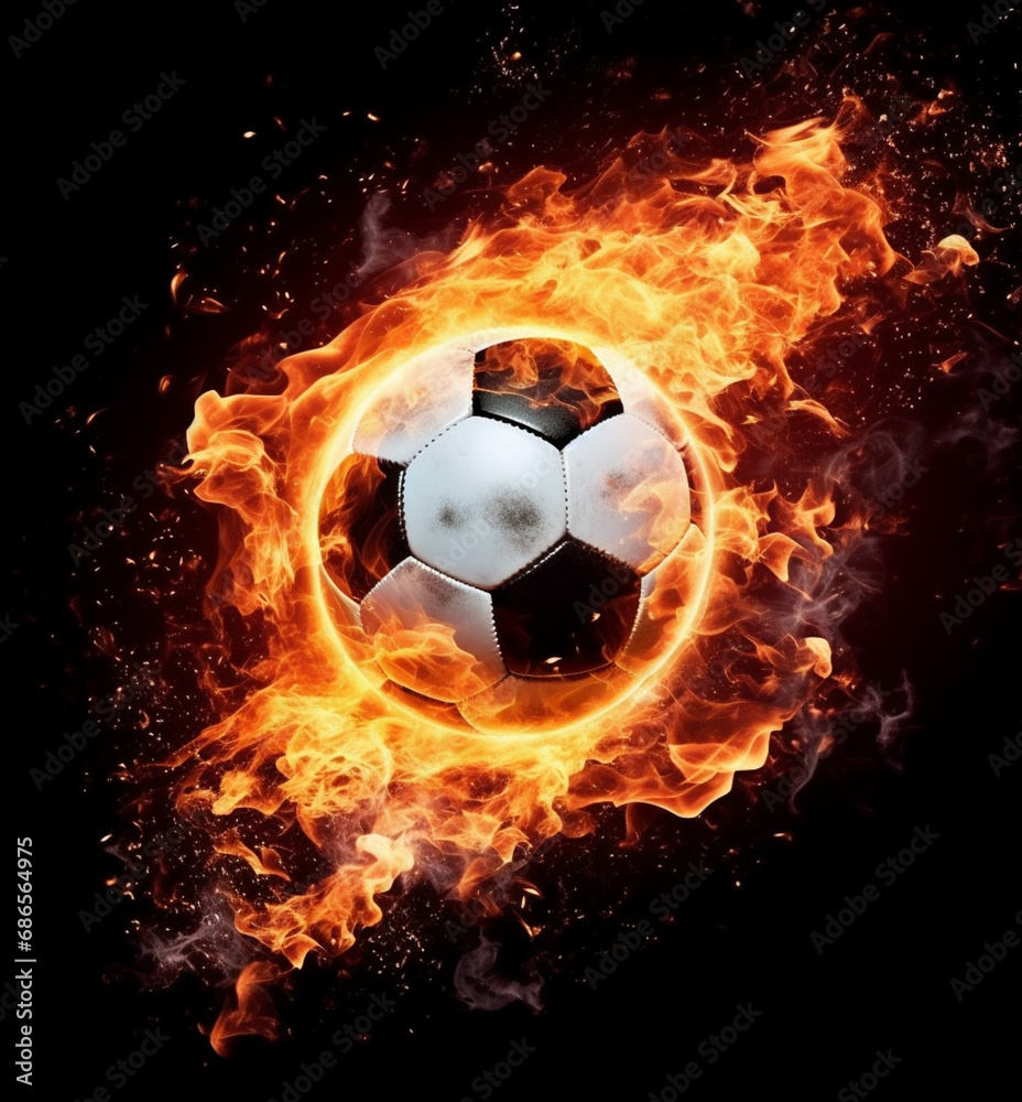 Fototapeta premium Soccer Ball Ablaze on Black Background