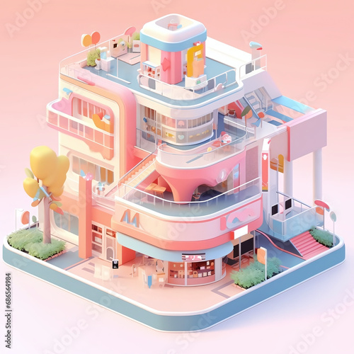 isometric view of a building mall 3d illustration
