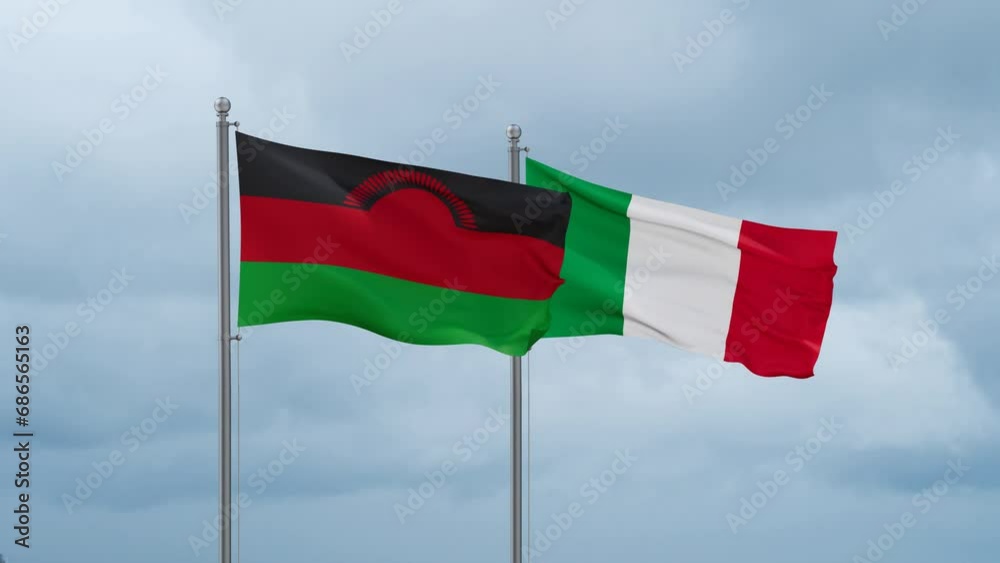 Italy and Malawi flag waving together on cloudy sky, endless seamless loop, two country cooperation concept Italy and Malawi flag waving together on cloudy sky, endless seamless loop, two country cooperation concept