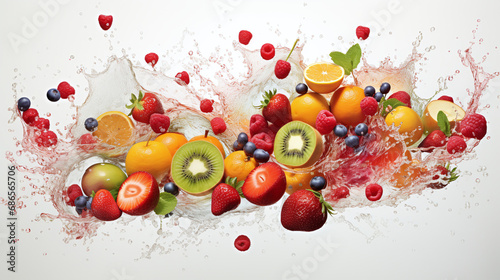 fruits and berries splash on white background