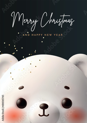 New Year poster with a cute polar bear face. Christmas greeting card.New Year illustration for banner, poster or flyer.