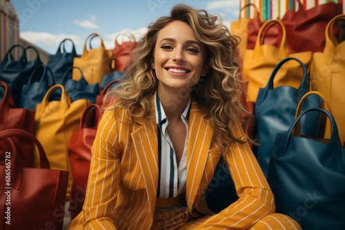 Stylish young woman surrounded by women's bags while shopping
