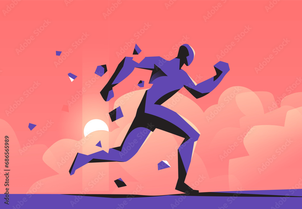 A running man crumbles and loses pieces as the sun rises in the background.