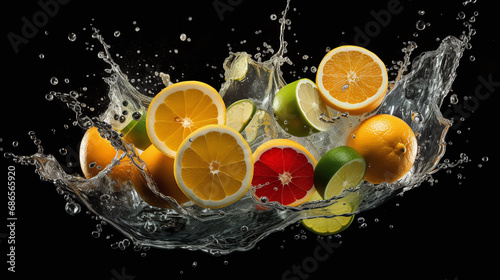 citrus fruits splash on black bg