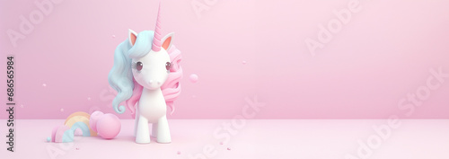 Banner Cute unicorn pastel colored background. Magic fairy tale character unicorn 3d illustration for girls. Magic fairy tale unicorn print for clothes, stationery, books, goods. Toy Unicorn 