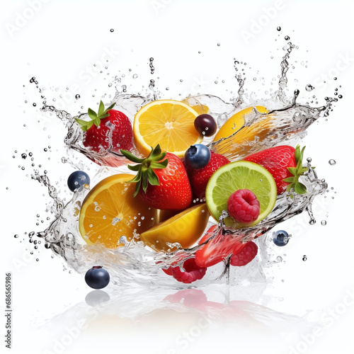 fruits and berries water explosion on white bg