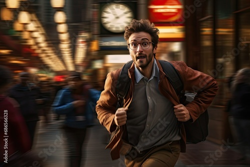 A man runs around the city,