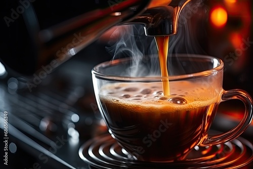 Man brewing himself coffee in a coffee maker. Very close-up of the cup.