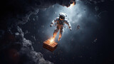 spaceman flying towards a crate