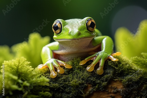 Close-up Australian green tree frog sitting on a branch