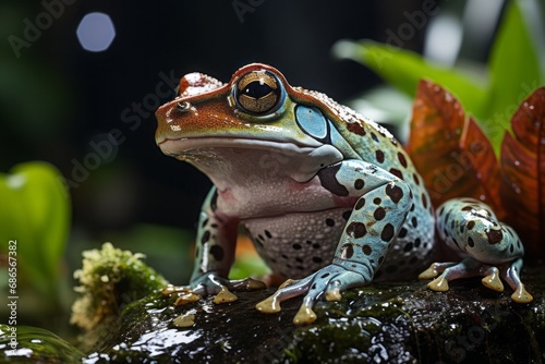 Close-up Amazonian milk frog sitting on a branch in amazon rainforest background