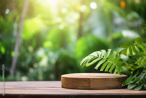 Wood podium outdoors with blur green monstera tropical forest plant  nature background