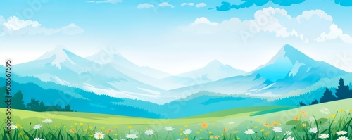 spring panorama landscape  blooming daisies   flowers. green fields and mountains on a cloudy blue sky  meadows against the backdrop of hills. horizontal wallpaper or banner 
