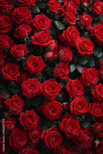 Beautiful red roses as background, top view. Valentine's Day celebration