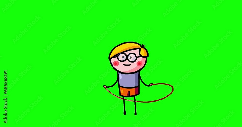 Cartoon kid character moves Yanec boy isolated skipping rope non stop loop play. Moving child serie transparent bluebox. Useful content presenter no background.