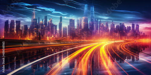 Futuristic urban nightscape with vibrant light trails from traffic in a modern city with skyscrapers and a dynamic sky