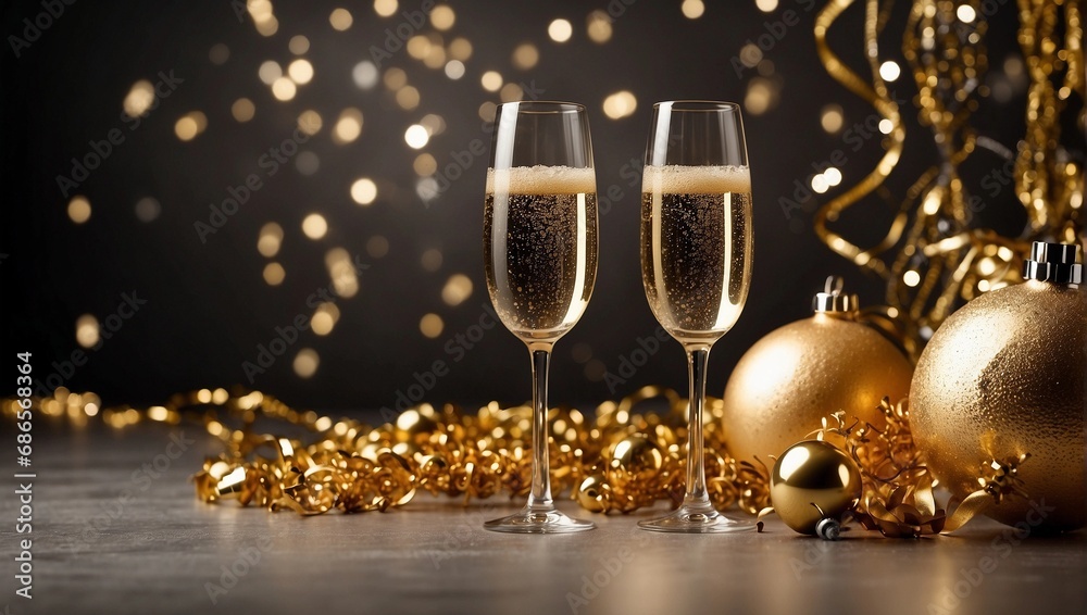 champagne glasses and christmas decorations champagne glasses and christmas decorations