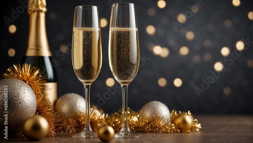 champagne glasses and christmas decorations