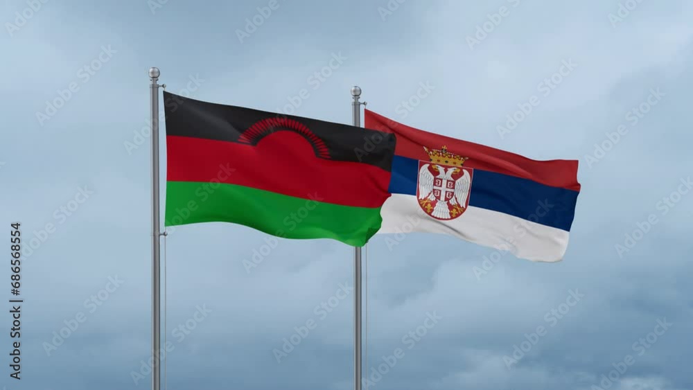 Republic of Serbia and Malawi flag waving together on cloudy sky, endless seamless loop, two country cooperation concept Republic of Serbia and Malawi flag waving together on cloudy sky, endless seamless loop, two country cooperation concept