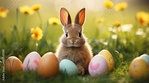 Super cute Easter bunny sitting on the green grass with colored eggs. Happy Easter greeting card concept. AI generated image