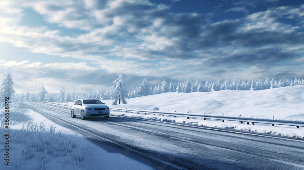 car on winter road with snow..Snowflakes and forest of frost.Cold december day. concept of bad driving conditions car on winter road with snow..Snowflakes and forest of frost.Cold december day. concept of bad driving conditions