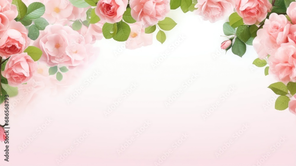 Blooming Elegance: Adorn your designs with our exquisite banner featuring a frame crafted from vibrant rose flowers and lush green leaves on a soft pink background.