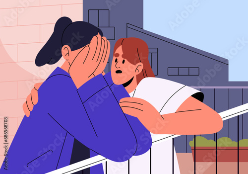 Family, friendship support. Sad girl with mental problems cry. Comforting friend helps to relief grief, consoling, soothing. Sister hugs, talk, compassion suffering woman. Flat vector illustration