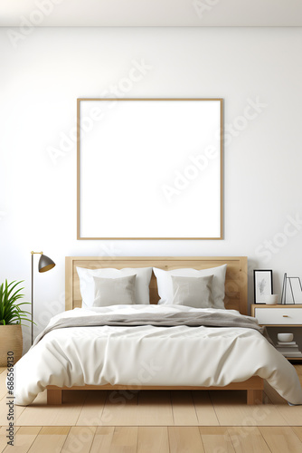 Mockup frame in bedroom interior background 3d render. generative ai. © raza