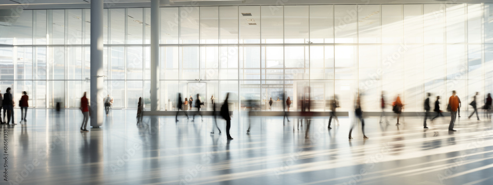 Obraz premium Busy indoor scene with blurred figures of people in motion