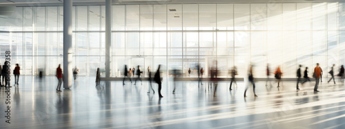 Busy indoor scene with blurred figures of people in motion photo