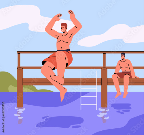 Best friends spend time together at summer holiday, fun beach vacation. Young man diving, jumping from wooden pier into lake, sea water. Funny leisure in travel with bro. Flat vector illustration