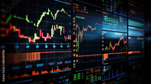 Close-up of a financial trading screen displaying market data with various colored candlestick charts, numerical values, and trend lines indicating stock performance. photo