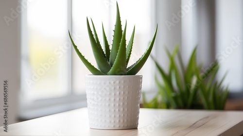 Close up beautiful potted aloe vera plant on a table near the windowsill indoors in white pot