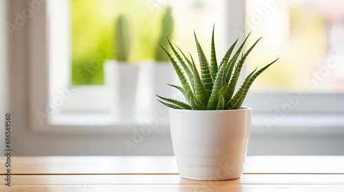 Close up beautiful minimalistic potted aloe vera succulent plant on a table near the window indoors in white pot