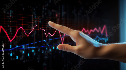 Hand interacting with a futuristic, digital stock market chart displaying various data points and trends.