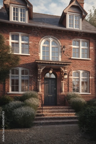 Facade of brick house in classic architectural style with the porch