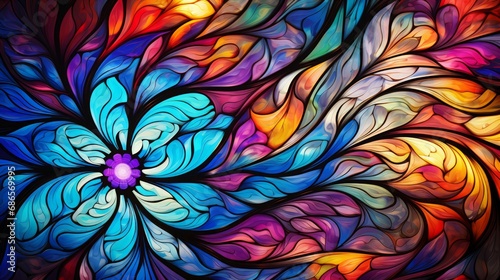  Stained glass window background with colorful Leaf abstract.