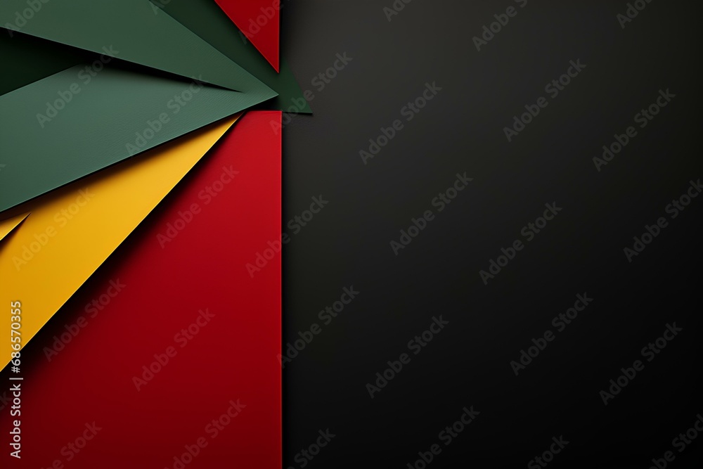 Abstract single geometric black, red, yellow, green color paper on left side , Black background concept with copy space for text Abstract single geometric black, red, yellow, green color paper on left side , Black background concept with copy space for text