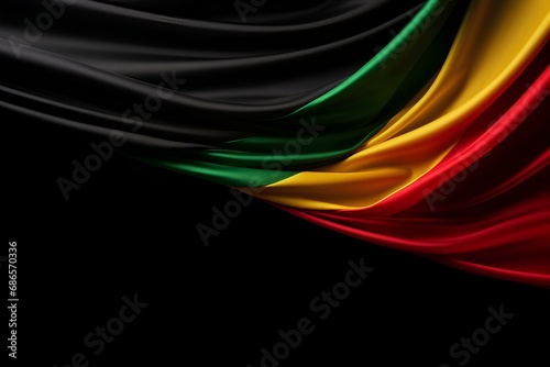 Abstract single Afican silky flag black, red, yellow, green on left side , Black background concept with copy space for text
