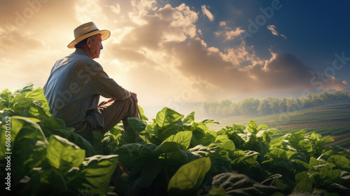 Farmer crouching down in a field, tending to plants with sunlight streaming through the foliage.