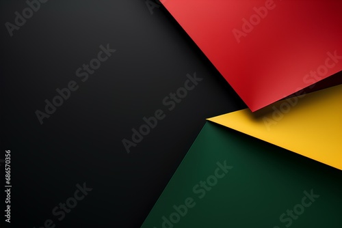 Abstract single geometric black, red, yellow, green color paper on left side , Black background concept with copy space for text
