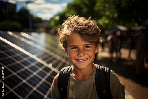 Child at solar panels field. Green renewable energy