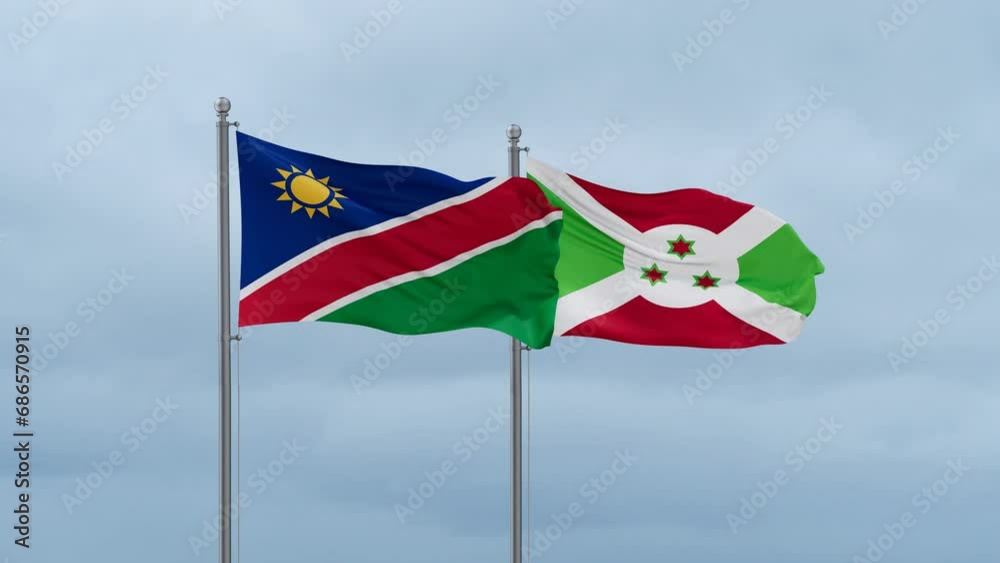 Burundi flag and Namibia flag waving together on cloudy sky, endless seamless loop, two country relations concept Burundi flag and Namibia flag waving together on cloudy sky, endless seamless loop, two country relations concept